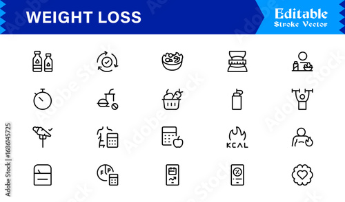 Weight Loss line icon set with modern minimal style, professional health and fitness collection, unique slimming and diet vector icons for clean visual communication, sleek design