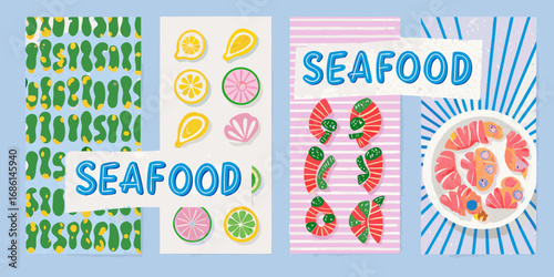 Colorful seafood collage with citrus and shells