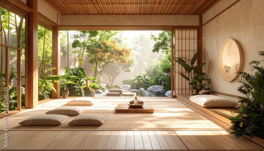 Fototapeta premium Tranquil Zen Living Space with Natural Light and Plants