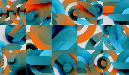 Abstract geometric patterns dominate image. Blue, orange hues blend, creating dynamic visual texture. Circular shapes overlap, forming complex composition.