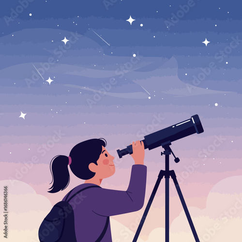 A person observes the night sky through a telescope, exploring stars and celestial phenomena.