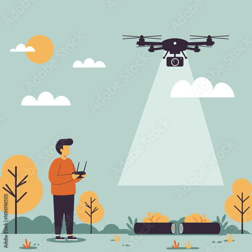 A person operates a drone with a camera in a scenic outdoor setting.