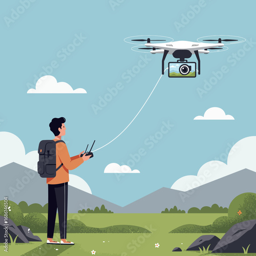 A person operates a drone with a camera in a scenic outdoor landscape.