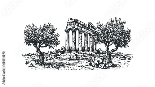 Ancient greek temple ruins with olive trees ink sketch. Vector hand drawn illustration