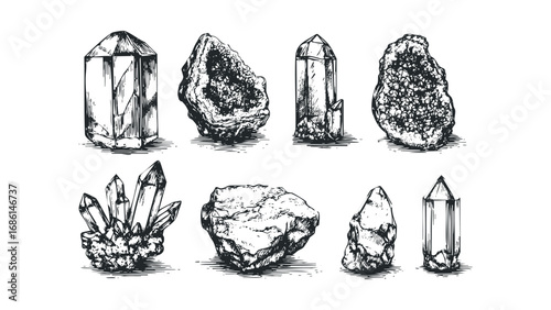 Collection of hand-drawn mineral specimens and crystal formations. Vector hand drawn illustration