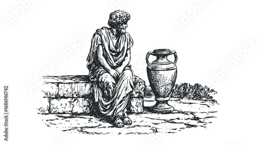 Classical man in toga seated near ornate vase sketch. Vector hand drawn illustration