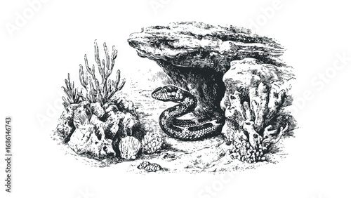 Entwined serpent nestled among coral and shells. Vector hand drawn illustration