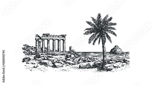 Ancient Greek ruins with palm tree and ocean view sketch. Vector hand drawn illustration