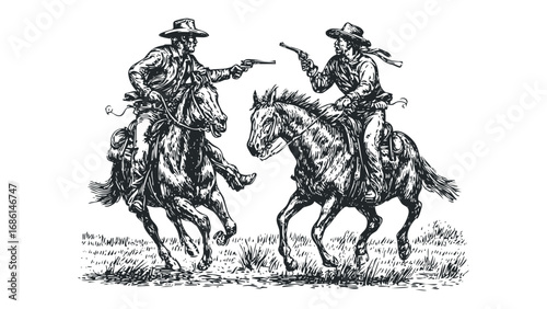 Two cowboys on horseback facing each other with pistols drawn in a dramatic confrontation. Vector hand drawn illustration