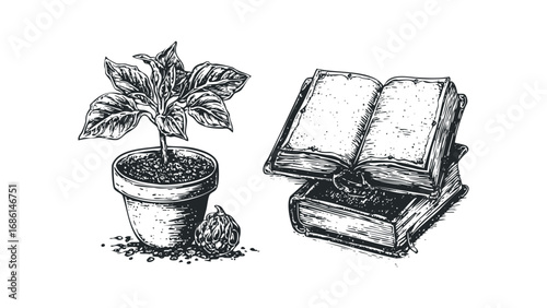 Hand-drawn plant in pot with scattered soil next to stack of open books. Vector hand drawn illustration