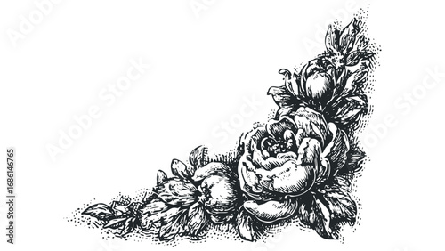 Monochromatic Floral Corner Ornament Design with Detailed Petals. Vector hand drawn illustration