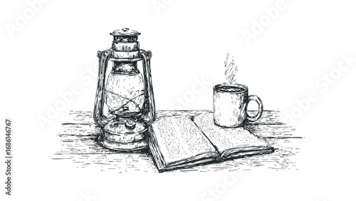 Old kerosene lantern with a steaming mug of coffee and an open book. Vector hand drawn illustration