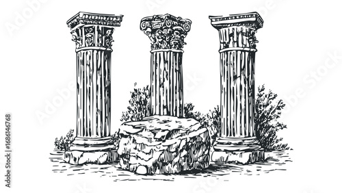 Antique Greek Ionic Columns Surrounding Rocky Terrain with Foliage Sketch. Vector hand drawn illustration