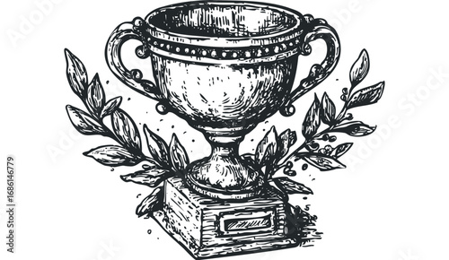 Engraved Trophy With Laurel Branches Award Emblem on White. Vector hand drawn illustration