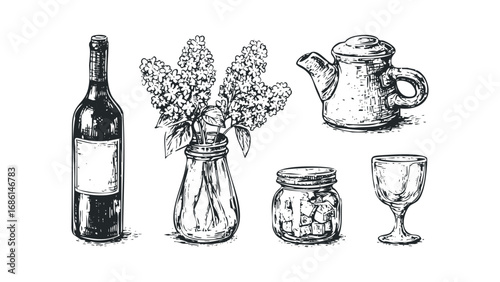 Black and white sketch of a wine bottle, lilac flowers in a vase, jar with ice cubes, and a goblet. Vector hand drawn illustration