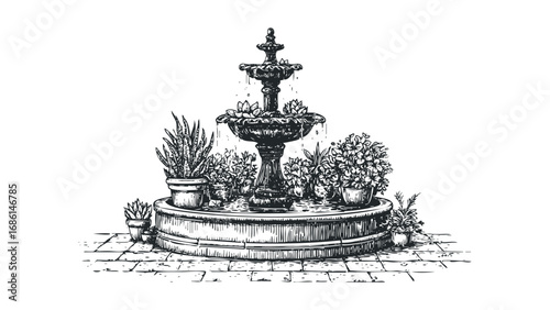 Ornate garden fountain with potted plants and flowing water. Vector hand drawn illustration