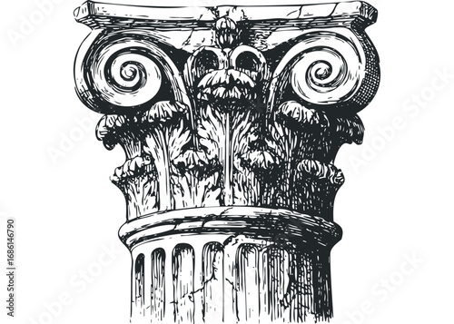Intricate Ionic Column Capital with Decorative Volutes and Acanthus Leaves. Vector hand drawn illustration