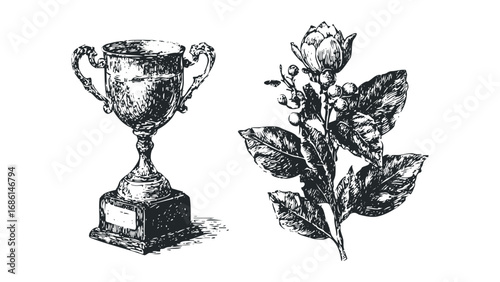 Vintage trophy with laurel branch and berries sketch. Vector hand drawn illustration