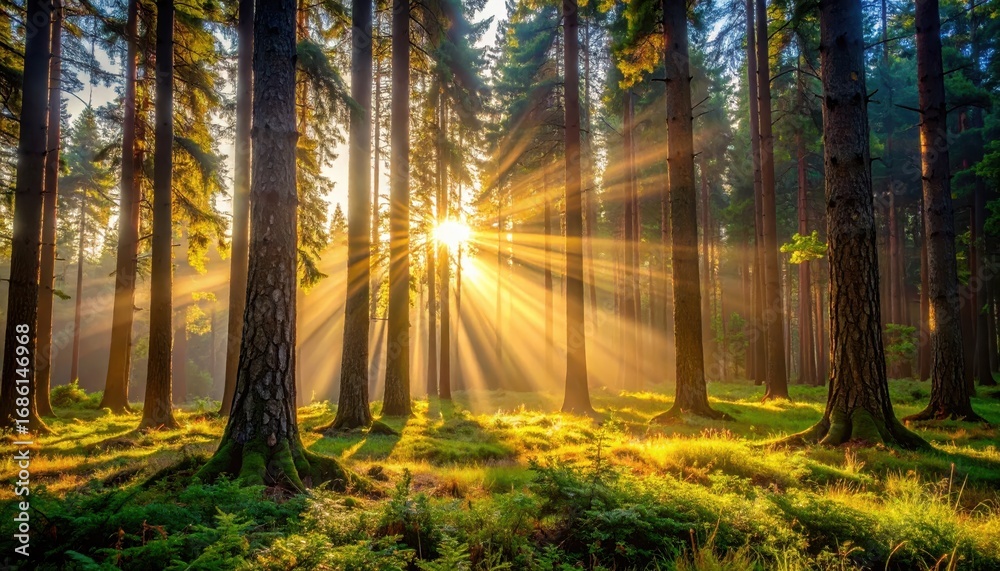 Fototapeta premium Sunlight Filtering Through Tall Trees in Vibrant Forest Landscape