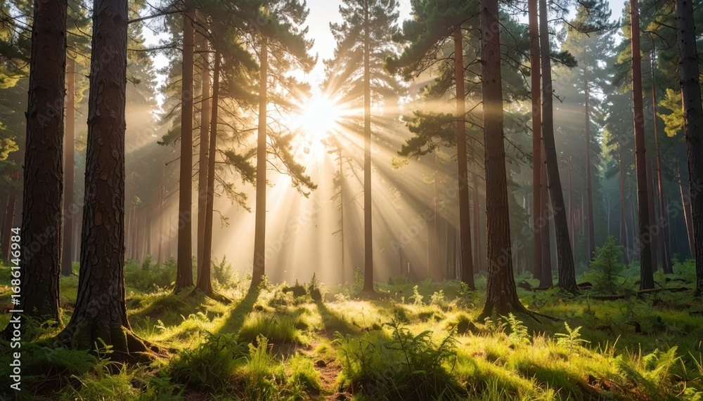 Fototapeta premium Sunlight Radiating Through Trees in Lush Green Forest Scene