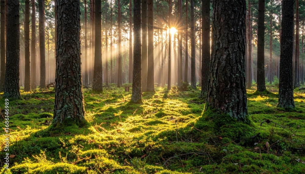 Fototapeta premium Serene Sunlight Breaking Through Trees in a Tranquil Forest