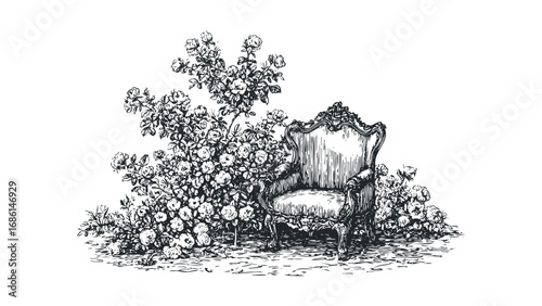 Ornate armchair surrounded by lush rose bushes in a sketched style. Vector hand drawn illustration
