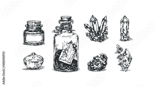 Sketch Collection of Alchemical Potions and Crystals. Vector hand drawn illustration
