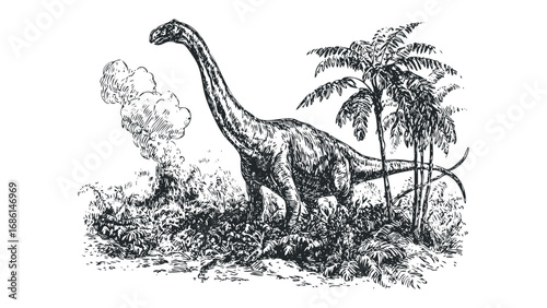 Sketch of a sauropod dinosaur in a lush prehistoric jungle environment. Vector hand drawn illustration
