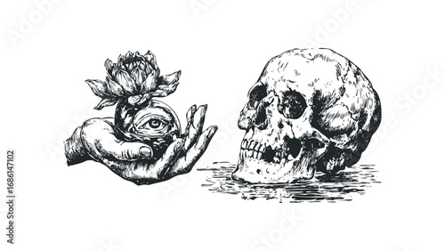 Hand holds orb with eye, next to skull sketch. Vector hand drawn illustration