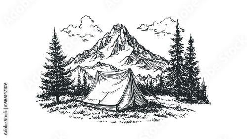 Hand drawn sketch of a tent pitched in front of a majestic mountain range with coniferous trees. Vector hand drawn illustration