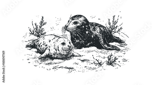 Hand-drawn sketch of two seals resting on a sandy shore with scattered aquatic plants. Vector hand drawn illustration
