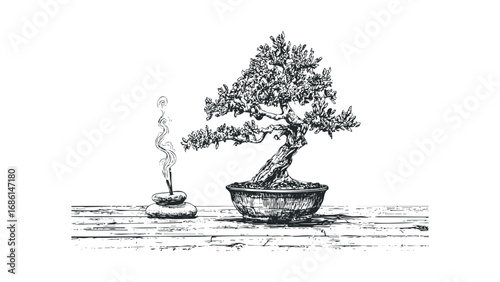 Japanese bonsai tree and incense smoke on stone stack over wooden surface sketch. Vector hand drawn illustration