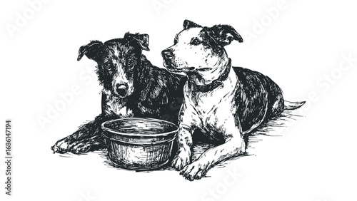 Two Dogs Resting by a Water Bowl in a Detailed Sketch. Vector hand drawn illustration