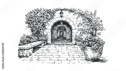 Archway passage with stone pathway and lush foliage. Vector hand drawn illustration