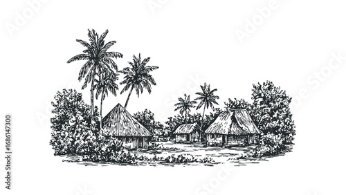 Tropical village with thatched roof huts and palm trees sketch. Vector hand drawn illustration