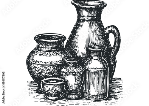 Vintage pottery assortment with decorative vases and jugs. Vector hand drawn illustration