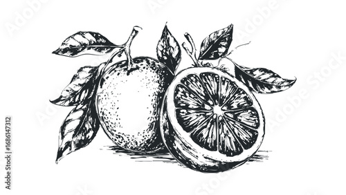 Sketchy Fruit Slice and Whole Fruit with Leaves. Vector hand drawn illustration