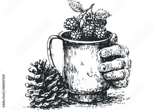 Hand holding mug overflowing with berries and pinecone sketch. Vector hand drawn illustration