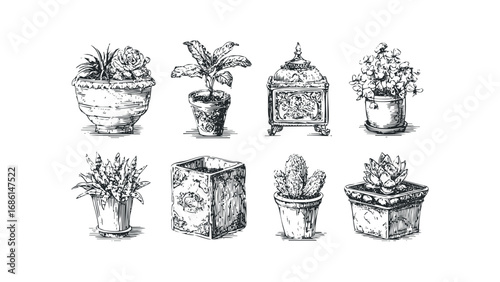Sketch Collection of Potted Plants and Decorative Container on White. Vector hand drawn illustration