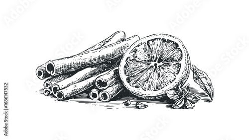 Ink sketch of cinnamon sticks with citrus fruit slice and anise. Vector hand drawn illustration