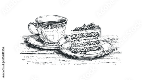 Hand drawn sketch of multi layered cake slice and coffee cup on saucer. Vector hand drawn illustration