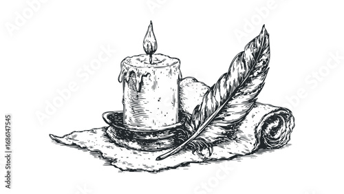 Candle with Quill Pen and Rolled Paper in Vintage Sketch Style. Vector hand drawn illustration