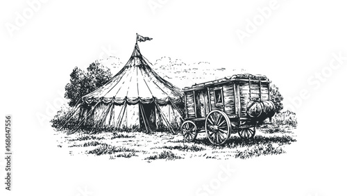 Old horse-drawn wagon and circus tent in a grassy field. Vector hand drawn illustration