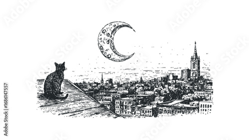 Black cat observing a city skyline under a large crescent moon. Vector hand drawn illustration