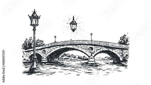 Sketch of stone bridge with gas lamps over water and trees. Vector hand drawn illustration