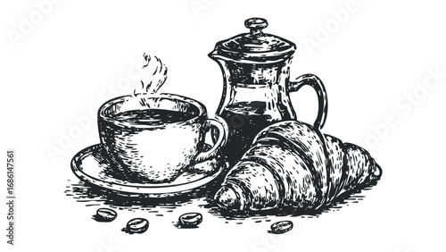 Espresso cup and french press with croissant and coffee beans sketch. Vector hand drawn illustration