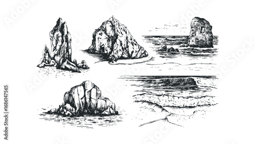 Hand-drawn sea stacks and crashing waves composition on a transparent background. Vector hand drawn illustration