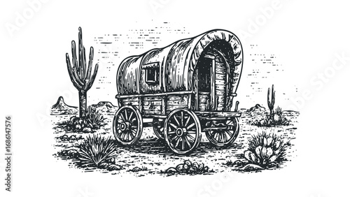 Woodcut Style Wagon Illustration with Saguaro Cactus and Desert Landscape. Vector hand drawn illustration
