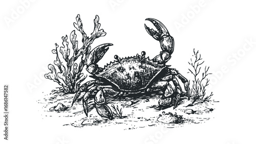 Detailed black and white sketch of a crab with raised claw surrounded by sea flora. Vector hand drawn illustration