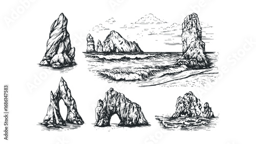 Pencil sketch of dramatic rock formations and waves on a beach. Vector hand drawn illustration